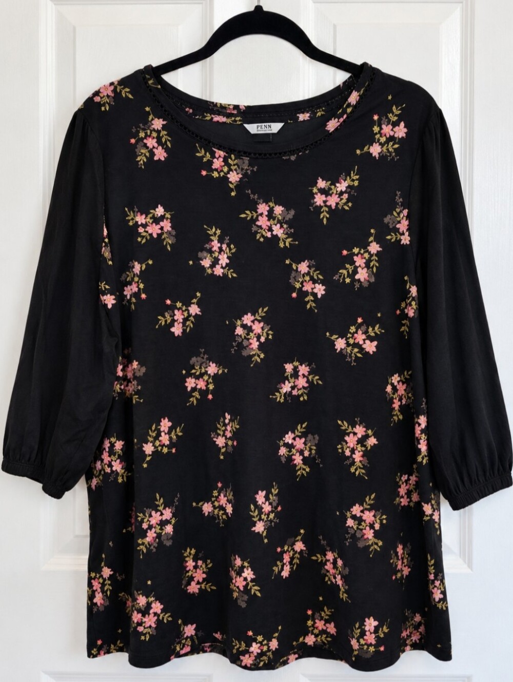 PENN Penningtons Floral 3/4 Sleeve Top Black Pink Plus 2X